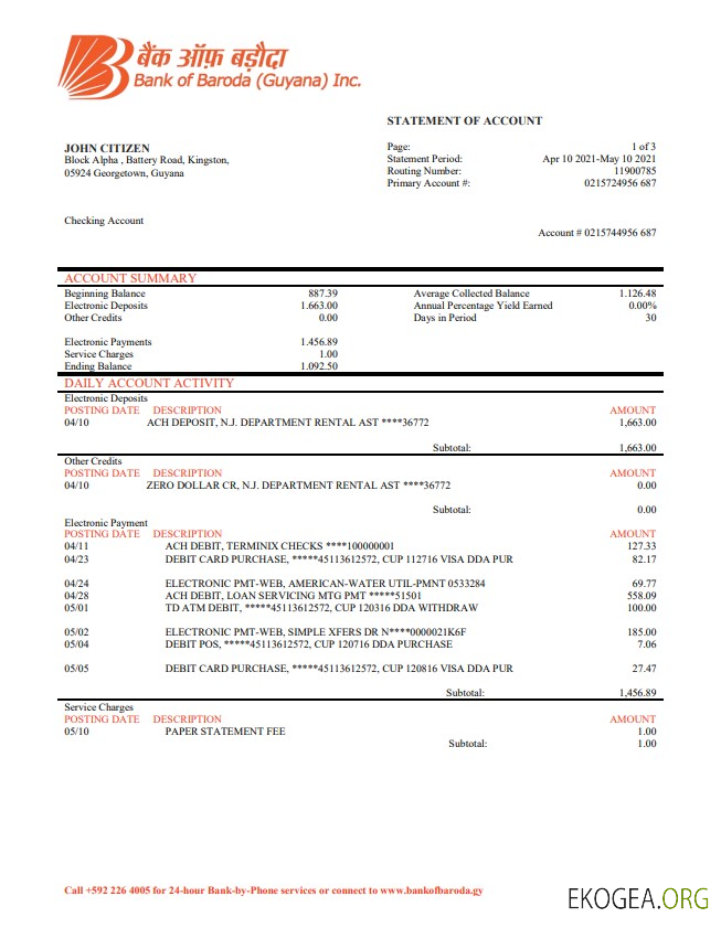 Déclaration de la Banque Guyane de Baroda